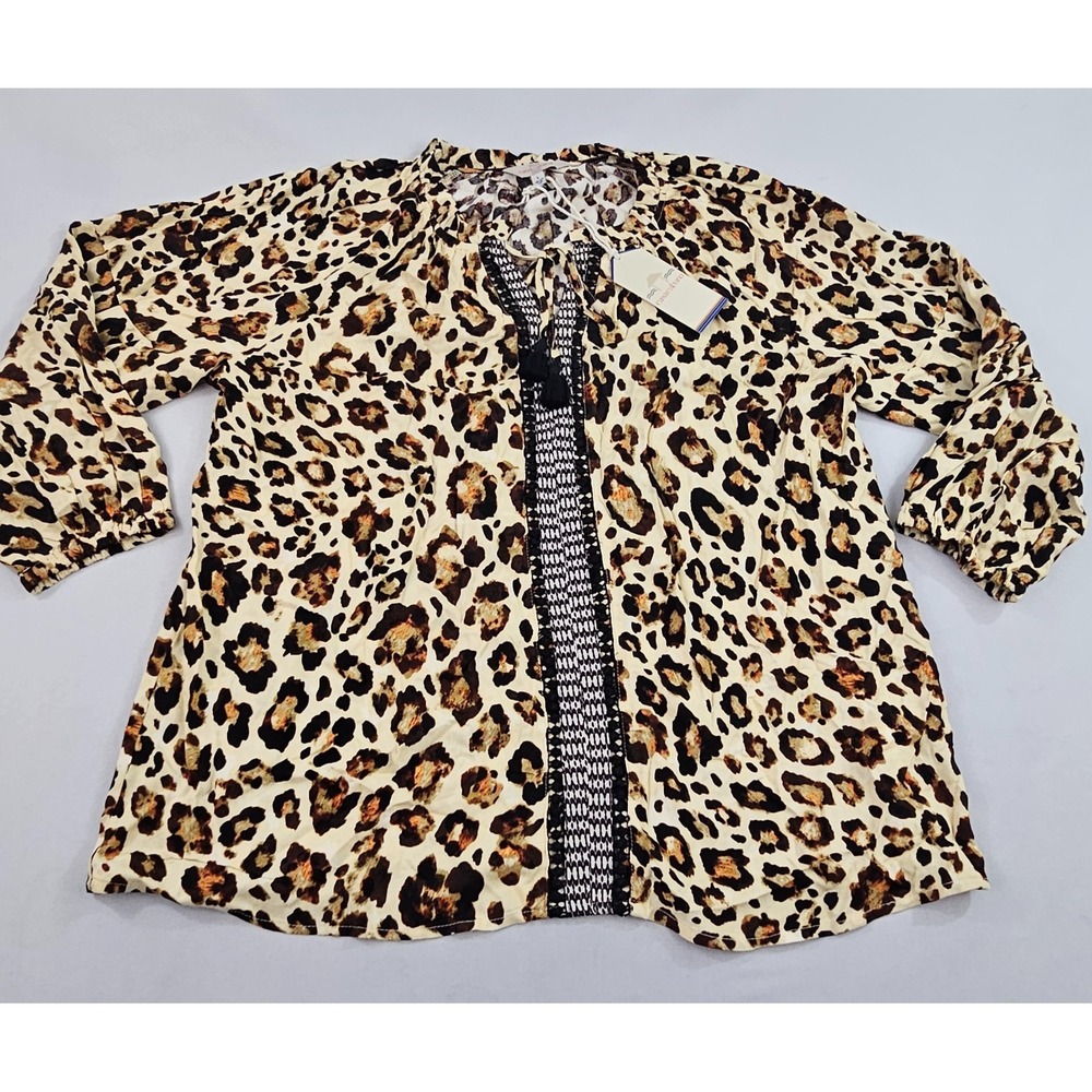 Casa Cabana Louisa Leopard Print Blouse Womens L Brown Rayon C2W23312RG NEW